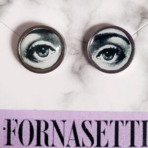 NWT ANTIQUE ART ROUND EARRINGS SILVER FORNASETTI EVIL EYE PROTECTION CHARM STUDS